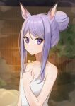  1girl animal_ears backlighting bangs bare_arms bare_shoulders blush breasts cleavage closed_mouth collarbone commentary_request eyebrows_visible_through_hair fence hair_bun hand_on_own_chest horse_ears lantern looking_at_viewer mejiro_mcqueen_(umamusume) naked_towel onsen parted_bangs short_hair_with_long_locks sidelocks small_breasts smile solo steam syhan towel umamusume upper_body wooden_fence 
