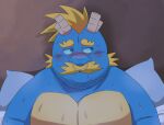  2021 anthro asian_mythology bed blue_body blush bodily_fluids delivery_bear_service dragon east_asian_mythology eastern_dragon facial_piercing furniture horn kamui_shirow male mythology nose_piercing nose_ring overweight overweight_anthro overweight_male piercing pillow rayu_(kamui_shirow) solo sweat 