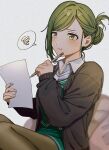  1girl :t black_cardigan blurry blush cardigan cowboy_shot folded_ponytail green_hair holding holding_paper holding_pen idolmaster idolmaster_shiny_colors iwawa looking_away nanakusa_hazuki office_lady open_collar pantyhose paper pen pout simple_background sitting sleeves_past_wrists solo speech_bubble spoken_squiggle squiggle thighhighs white_background 