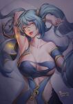  1girl absurdres bare_shoulders blue_dress blue_eyes blue_hair breasts cleavage collarbone dress grossic highres large_breasts league_of_legends long_hair looking_at_viewer sona_buvelle tagme torn_clothes torn_dress twintails very_long_hair 