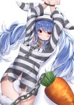  1girl absurdres arms_up bangs blue_hair blush bottomless bound bound_wrists breasts bunny_tail carrot chain commentary_request cuffs don-chan_(usada_pekora) eyebrows_visible_through_hair handcuffs hat higashigure highres hololive long_hair looking_at_viewer medium_breasts messy_hair orange_eyes prison_clothes rabbit_girl shirt sidelocks simple_background solo striped striped_shirt tail tail_censor twintails usada_pekora virtual_youtuber 