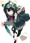  1girl animal_ears bow bowtie cat cat_ears cat_girl cat_tail full_body green_hair holding holding_umbrella karei skirt solo striped striped_neckwear sweater tail umbrella 