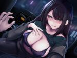  1boy 1girl :q bangs black_hair black_shirt blush bra breasts cleavage copyright_request eyebrows_visible_through_hair hand_on_own_chest large_breasts long_hair long_sleeves looking_at_viewer official_art original pov pov_hands purple_bra saboten_teishoku shirt sideboob sitting sitting_on_lap sitting_on_person tongue tongue_out underwear yellow_eyes 