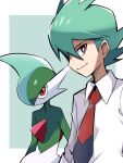  1boy ayo_(ayosanri009) bangs border bright_pupils closed_mouth collared_shirt commentary_request gallade gen_4_pokemon green_background green_hair looking_at_viewer male_focus necktie outside_border pokemon pokemon_(anime) pokemon_(creature) pokemon_swsh_(anime) purple_eyes red_neckwear rinto_(pokemon) shirt short_hair smile upper_body white_border white_pupils white_shirt 