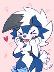  &gt;_&lt; &lt;3 2017 3_fingers anthro black_claw black_nose blep blue_body blue_fur blush canid canine chest_tuft claws cute_expression cute_face ears_down eyes_closed female fiddleafox fingers fluffy fluffy_chest fur lycanroc mammal midnight_lycanroc moro_(fiddleafox) nintendo pawpads pink_background pivoted_ears pok&eacute;mon pok&eacute;mon_(species) sharp_claws shiny_pok&eacute;mon simple_background smile solo tailwag thick_thighs tongue tongue_out tuft video_games wavy_mouth white_body white_fur 