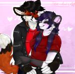  &lt;3 anthro blue_hair canid canine clothing couple_(disambiguation) cuddling cute_expression duo eyes_closed female fox fur fur_markings giant_panda hair hug husband_and_wife jacket love male male/female mammal markings married_couple multicolored_body multicolored_fur peach_panda purple_hair raised_tail red_body red_clothing red_fur redrick romantic_couple smile topwear two_tone_body two_tone_fur unknown_artist ursid 