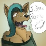  1:1 2019 anthro black_nose blue_hair breasts canid canine canis clothed clothing dialogue dingo english_text female green_clothing green_shirt green_topwear hair hi_res mammal open_mouth orange_eyes pink_tongue shirt simple_background solo speech_bubble sunderlovely teeth text tongue tongue_out topwear 