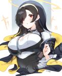  1girl absurdres black_hair blue_archive blush breasts cleavage habit halo highres hinata_(blue_archive) huge_filesize large_breasts long_hair necktie nun oh_(aung_ae) open_mouth portrait red_eyes simple_background solo sparkle twitter_username 