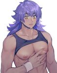  1boy abs bangs black_tank_top blush closed_mouth collarbone commentary_request dark_skin dark_skinned_male eyebrows_visible_through_hair facial_hair grabbing inverted_nipples leon_(pokemon) long_hair looking_down male_focus mj_(11220318) pectoral_grab pokemon pokemon_(game) pokemon_swsh purple_hair shirt_lift simple_background solo tank_top upper_body white_background white_wristband yellow_eyes 