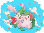  ;d blush commentary_request flower gen_4_pokemon green_eyes highres kikuyoshi_(tracco) mythical_pokemon no_humans one_eye_closed open_mouth petals pink_flower pokemon pokemon_(creature) shaymin shaymin_(land) shaymin_(sky) signature smile toes tongue white_fur 