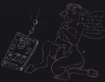  2019 anthro biped black_background black_hooves bovid bovine breasts cattle dialogue ear_piercing ear_ring english_text female hooves mammal nipples nude outline piercing purple_outline simple_background sitting solo speech_bubble sunderlovely teats text transformation udders 