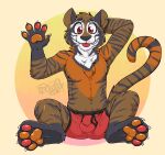  anthro black_body black_fur black_nose blep brown_body brown_fur brown_hair bulge chest_tuft claws clothing cute_fangs ear_piercing felid fur gaokun genital_outline hair hi_res male mammal multicolored_pawpads neck_tuft orange_body orange_fur orange_pawpads pantherine pawpads penis_outline piercing red_clothing red_eyes red_pawpads red_underwear simple_background solo tiger toe_claws tongue tongue_out tuft underwear watermark white_body white_fur 