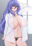  1girl alternate_breast_size blue_hair blush breasts dura eyebrows_visible_through_hair highres huge_breasts iris_heart kami_jigen_game_neptune_v long_hair looking_at_viewer navel neptune_(series) open_clothes open_shirt power_symbol red_eyes shirt solo symbol-shaped_pupils very_long_hair white_shirt 