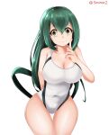  1girl asui_tsuyu bangs boku_no_hero_academia breasts cleavage commentary competition_swimsuit covered_navel cowboy_shot eyebrows_visible_through_hair green_eyes green_hair highres impossible_clothes impossible_swimsuit index_finger_raised large_breasts long_hair looking_at_viewer one-piece_swimsuit simple_background soveno standing swimsuit thigh_gap twitter_username white_background white_swimsuit 