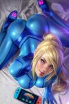  1girl ass ayya_saparniyazova blonde_hair blue_eyes breasts large_breasts long_hair looking_at_viewer metroid nintendo_switch pinup_(style) ponytail samus_aran skin_tight tagme zero_suit 