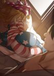  1boy 1girl american_flag_dress american_flag_legwear ass blonde_hair blvefo9 clownpiece hat indoors jester_cap long_hair no_wings on_bed pantyhose pillow polka_dot purple_headwear sleeping star_(symbol) star_print striped striped_legwear touhou 