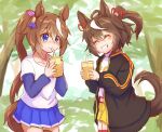  2girls ^_^ ahoge animal_ears bendy_straw black_jacket blue_eyes blue_shirt blue_skirt blush brown_hair closed_eyes closed_mouth collarbone commentary_request cup day disposable_cup drinking_straw grin hair_ribbon highres holding holding_cup horse_ears horse_girl horse_tail jacket kitasan_black long_hair long_sleeves multicolored_hair multiple_girls ooba_jun open_clothes open_jacket outdoors pink_ribbon pleated_skirt ponytail puffy_long_sleeves puffy_sleeves ribbon shirt short_over_long_sleeves short_shorts short_sleeves shorts skirt sleeves_past_wrists smile streaked_hair tail tail_raised tokai_teio_(umamusume) transparent tree umamusume very_long_hair white_hair white_shirt yellow_shorts 