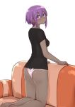  1girl ass bangs black_shirt blush breasts closed_mouth couch dark_skin dark_skinned_female eyebrows_visible_through_hair fate/prototype fate/prototype:_fragments_of_blue_and_silver fate_(series) from_behind hair_between_eyes hassan_of_serenity_(fate) highres i.u.y kneeling looking_at_viewer looking_back no_pants on_couch panties pink_panties purple_eyes purple_hair shirt short_sleeves simple_background small_breasts solo underwear white_background 