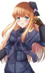  1girl :d absurdres bangs black_headwear blonde_hair blue_eyes blue_jacket blush brown_gloves eyebrows_visible_through_hair fate/grand_order fate_(series) fur_collar gloves hand_up hat highres huge_filesize jacket long_hair long_sleeves looking_at_viewer open_mouth reines_el-melloi_archisorte simple_background smile solo tapume tilted_headwear upper_body white_background 