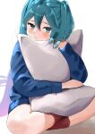  1girl absurdres aqua_eyes aqua_hair aqua_nails blue_sweater commentary crossed_legs furrowed_eyebrows hatsune_miku highres long_hair looking_at_viewer making-of_available pillow pillow_hug pout sidelighting sitting socks solo sweater tsunagi_1111 twintails very_long_hair vocaloid white_background 
