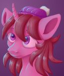  clothing expressionless female feral friendship_is_magic hat headgear headwear hi_res my_little_pony pink_body pink_ears purple_background purple_clothing purple_eyes purple_hat purple_headwear simple_background solo synnibear03 