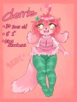  absurd_res accessory anthro blasticussaturn bottomwear clothing female floppy_ears fur hair hair_accessory hi_res leggings legwear looking_at_viewer open_mouth pink_body pink_fur pink_hair signature simple_background skirt smile solo text yellow_eyes 