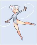  1girl :&gt; breasts closed_mouth covered_navel drantyno flats full_body gen_3_pokemon grey_background highres holding holding_stick knees leotard looking_at_viewer outstretched_arms personification pokemon red_eyes short_hair silcoon sketch sleeves_past_elbows smile solo stick white_hair 