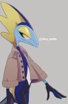  brown_jacket buttons closed_mouth clothed_pokemon collared_jacket commentary_request cowboy_shot gen_8_pokemon grey_background highres inteleon jacket koke_ojisan open_clothes open_jacket pokemon pokemon_(creature) sideways_glance simple_background smile solo watermark yellow_eyes 