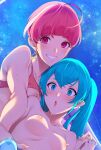  2girls blue_eyes blue_hair blush breast_press breasts earrings grin hagoromo_lala holding_hands hoshina_hikaru interlocked_fingers jewelry multicolored_hair multiple_girls nipples older open_mouth precure red_eyes red_hair sky small_breasts smile star_(sky) star_(symbol) star_earrings star_twinkle_precure starry_sky sugarbeat two-tone_hair white_hair yuri 