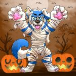  1:1 2020 anthro bandage biped black_nose blue_body blue_eyes blue_fur bulge canid canine canis chest_tuft claws domestic_dog ear_piercing eyebrows food fruit fur gaokun gaokun_(character) genital_outline halloween hi_res holidays male mammal moon mummy_costume open_mouth owo pawpads penis_outline piercing pink_pawpads plant pumpkin solo tail_tuft teeth toe_claws tongue tongue_out tree tuft uwu watermark white_body white_fur 