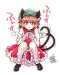  1girl :3 animal_ears bangs black_footwear bow bowtie brown_eyes brown_hair cat_ears cat_tail chen closed_mouth commentary_request dress earrings eyebrows_visible_through_hair full_body green_headwear hat jewelry long_sleeves looking_at_viewer mob_cap multiple_tails nekomata partial_commentary red_dress short_hair signature simple_background smile socks solo squatting tail touhou two_tails umigarasu_(kitsune1963) v-shaped_eyebrows white_background white_bow white_legwear white_neckwear white_sleeves 
