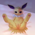  2021 3_fingers 3_toes absurd_res anus black_nose blush canid canine clitoris ear_tuft eeveelution facial_tuft feet female feral fingers fur genitals hand_on_leg hi_res humanoid_genitalia humanoid_pussy jolteon legs_up looking_at_viewer lying mammal multicolored_body multicolored_fur navel neck_tuft nintendo on_back pawpads pok&eacute;mon pok&eacute;mon_(species) presenting presenting_pussy purple_eyes pussy signature smile solo spread_legs spreading sword-dance toes tuft video_games white_body white_fur yellow_body yellow_fur 