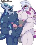  4:5 absurd_res anthro anthrofied balls big_penis blue_balls blue_body blue_penis castrodour dialga duo genitals grey_balls grey_penis hand_on_penis hi_res humanoid_genitalia humanoid_penis legendary_pok&eacute;mon male male/male muscular muscular_anthro muscular_male nintendo nipples nude palkia pecs penis pok&eacute;mon pok&eacute;mon_(species) red_eyes simple_background video_games white_background white_body 