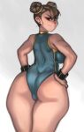  1girl absurdres ass bare_shoulders breasts brown_eyes brown_hair chun-li commentary curvy double_bun earrings from_behind highres jewelry kelvin_hiu large_breasts leotard looking_at_viewer looking_back short_hair smile smirk solo street_fighter thick_thighs thighs wide_hips 