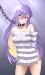  1girl aurapls bangs black_collar blonde_hair blush chain collar collarbone colored_inner_hair commentary english_commentary eyebrows_visible_through_hair highres hololive hololive_indonesia leash long_hair looking_at_viewer moona_hoshinova multicolored_hair prison_clothes purple_eyes purple_hair solo star_(symbol) 