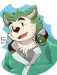  2021 anthro brown_body brown_fur canid canine canis cute_fangs domestic_dog fur green_body green_fur hi_res kemono lhjal2 live-a-hero male mammal mokdai overweight overweight_anthro overweight_male portrait solo video_games 