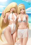  2girls arm_around_shoulder arms_behind_back beach bikini bikini_skirt black_nails blonde_hair bracelet braid breasts cleavage covered_nipples crown_braid gen_1_pokemon gold_bracelet green_eyes hair_over_one_eye highleg highleg_swimsuit highres jewelry krabby lillie_(pokemon) limgae long_hair looking_at_another looking_at_viewer lusamine_(pokemon) medium_breasts mother_and_daughter multiple_girls navel o-ring o-ring_swimsuit ocean pokemon pokemon_(creature) pokemon_(game) pokemon_sm small_breasts stomach swimsuit v very_long_hair white_bikini white_swimsuit 