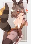  1girl :3 animal_ears backless_leotard bangs brown_eyes brown_hair commission detached_collar from_behind gloves grey_gloves hand_on_own_face heart highres indie_virtual_youtuber leotard looking_back pantyhose playboy_bunny_leotard pochi_(0523meiken) raccoon_ears raccoon_girl raccoon_tail short_hair skeb_commission smile snuffy_(vtuber) solo tail thighhighs yellow_leotard 