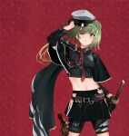  1girl absurdres ariel_(user_kear2553) black_cape black_gloves black_skirt cape cowboy_shot eyepatch gloves green_eyes green_hair half_gloves hat highres hip_vent kantai_collection kiso_(kancolle) midriff miniskirt navel peaked_cap pleated_skirt red_background revolver short_hair single_pauldron skirt solo white_headwear 