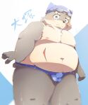  10_cosmo_24 anthro belly blush bulge canid canine canis clothing domestic_dog genital_outline hi_res male mammal moritaka navel nipples overweight overweight_anthro overweight_male penis_outline scar solo swimming_cap swimwear tokyo_afterschool_summoners video_games 