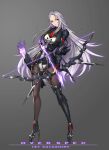  1girl arrow_(projectile) black_footwear black_gloves boots bow_(weapon) breasts brown_legwear chromatic_aberration covered_navel earrings english_text fingerless_gloves fingernails fire flame girls_frontline glint gloves gradient gradient_background grey_hair hair_between_eyes high_heels highres holding holding_arrow holding_bow_(weapon) holding_weapon jewelry knee_boots leotard long_hair mad_kimo necktie pantyhose parted_lips partially_fingerless_gloves pink_lips purple_eyes purple_fire quiver red_neckwear school_uniform science_fiction single_earring single_knee_boot solo uniform very_long_hair weapon white_leotard 