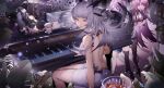  arknights blue_poison_(arknights) dress gray_hair instrument jinjide_shaonian long_hair piano pointed_ears ptilopsis_(arknights) purple_eyes purple_hair reflection robot see_through tagme_(character) 