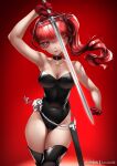  1girl black_leotard boots breasts cleavage gloves highres leotard long_hair looking_at_viewer patreon_username persona persona_5 persona_5_the_royal ponytail red_background red_eyes red_gloves red_hair solo sword weapon yoshizawa_kasumi zasshu 