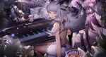  arknights blue_poison_(arknights) dress gray_hair instrument jinjide_shaonian long_hair piano pointed_ears ptilopsis_(arknights) purple_eyes purple_hair reflection robot see_through tagme_(character) 