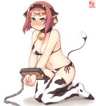  1girl alternate_costume animal_ears animal_print ark_royal_(kancolle) artist_logo bangs bell bikini blue_eyes blunt_bangs blush bob_cut bound bound_wrists breasts cleavage collarbone commentary_request cow_ears cow_horns cow_print cow_tail cowbell cuffs dated ear_tag full_body highres horns kanon_(kurogane_knights) kantai_collection kneehighs kneeling large_breasts navel nose_blush one-hour_drawing_challenge red_hair short_hair side-tie_bikini simple_background solo swimsuit tail thighhighs white_background white_bikini white_legwear 