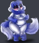  2_tails amy_the_mystgoose blue_body blue_fur breasts digital_media_(artwork) eyeshadow female feral fluffy fur makeup marychic multi_tail mystgoose neck_tuft nintendo pok&eacute;mon pok&eacute;mon_(species) red_sclera slightly_chubby solo thick_thighs tuft video_games white_body white_fur yellow_eyes 