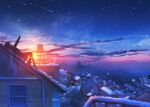  1girl black_coat black_hair boots building cityscape closed_eyes cloud coat commentary highres house kenzo_093 lying meteor night on_back original outdoors outstretched_arm railing red_scarf rooftop scarf scenery sky snow solo star_(sky) starry_sky sun sunset tree water_tank 