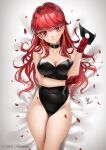  1girl black_choker black_leotard boots breasts choker cleavage gloves highres leotard long_hair looking_at_viewer lying mask on_back patreon_username persona persona_5 persona_5_the_royal petals ponytail red_eyes red_gloves red_hair solo sword thighhighs weapon yoshizawa_kasumi zasshu 