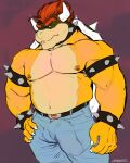  4:5 5_fingers anthro armband belt blue_bottomwear blue_clothing blue_jeans blue_pants bottomwear bowser bracelet bulge claws clothed clothing collar denim denim_clothing eyebrows fingers genital_outline hair hand_on_hip hi_res horn jeans jewelry koopa looking_at_viewer male mario_bros nintendo nipple_piercing nipples pants papyreit penis_outline piercing red_hair reptile scalie shell solo spiked_armband spiked_bracelet spiked_collar spiked_shell spikes spikes_(anatomy) thick_eyebrows topless topless_male video_games yellow_body 