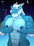  2021 abs anthro arm_hair asian_mythology beard biceps blue_body body_hair claws detailed_background dragon east_asian_mythology eastern_dragon eyes_closed facial_hair flaccid genitals hair hand_on_chest hand_on_pecs hi_res horn male moon muscular muscular_anthro muscular_male mythology nipples nude outside pecs penis smile solo star teeth water wet wet_body white_hair zourik 